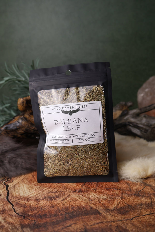 Damiana Leaf dried herb in a 1/2 oz Wild Raven's Nest bag, Sex Magic & Aphrodisiac
