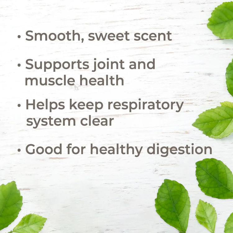 Herbal leaf benefits list on white background, promoting scent, joint, respiratory, and digestion health