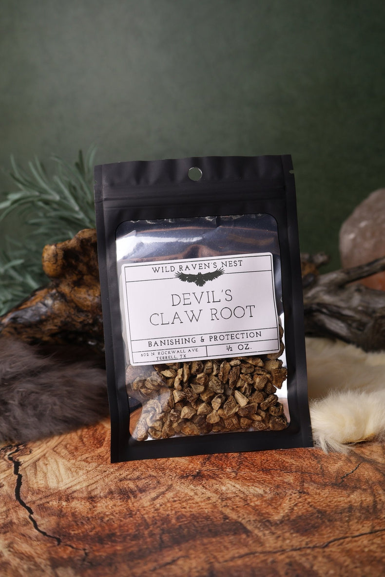Devil's Claw Root dried herb in a 1/2 oz Wild Raven's Nest bag, Banishing & Protection