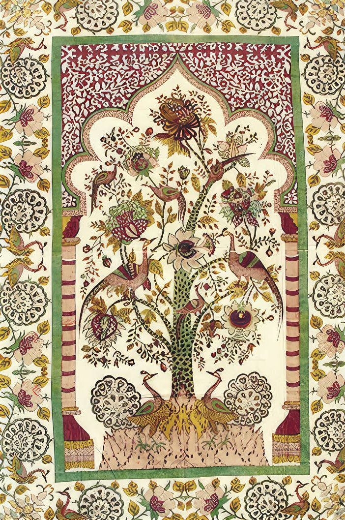 Decorative tapestry with a central tree design surrounded by animals and floral patterns on a white background.