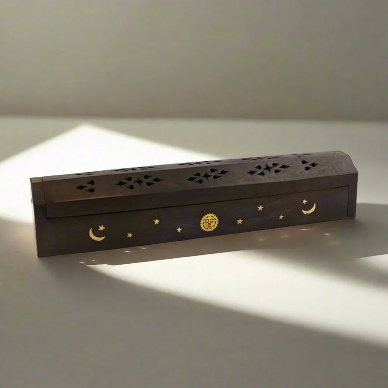 Hand Carved Wooden Incense Burner Box - Sun & Moon