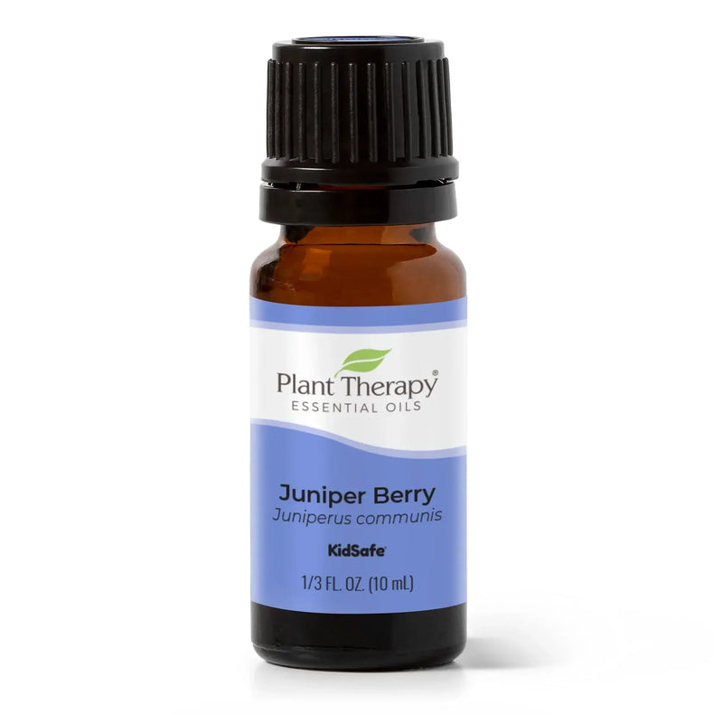Brown glass bottle of Plant Therapy Juniper Berry essential oil with black cap, 10ml size