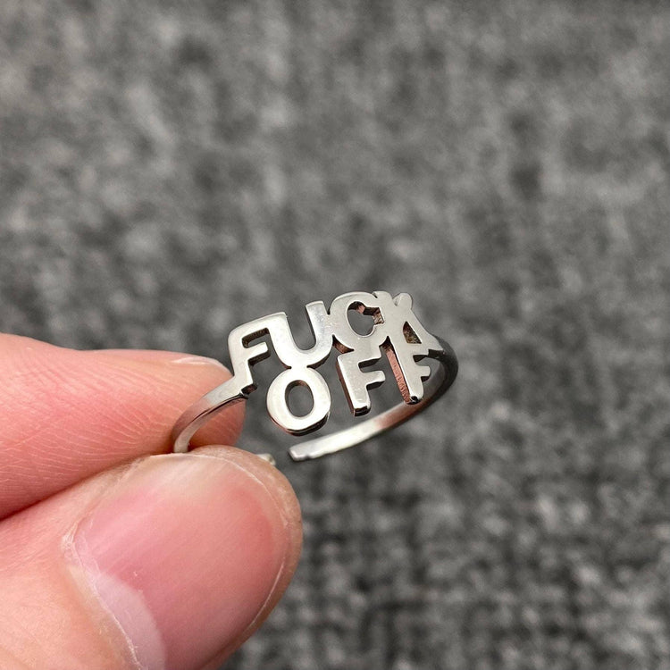 Stainless Steel 'FUCK OFF' Adjustable Ring: Steel color