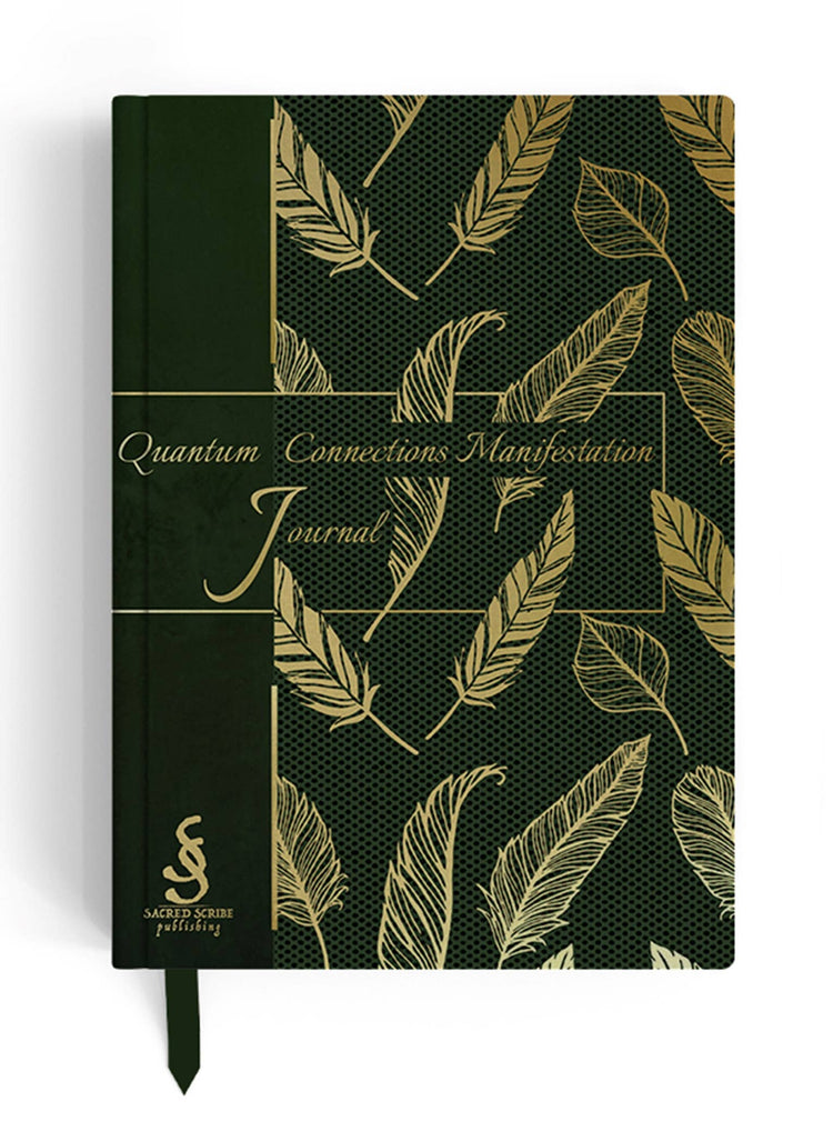 Quantum Connections Manifestation Journal with gold feathers on green cover, spiritual stationery