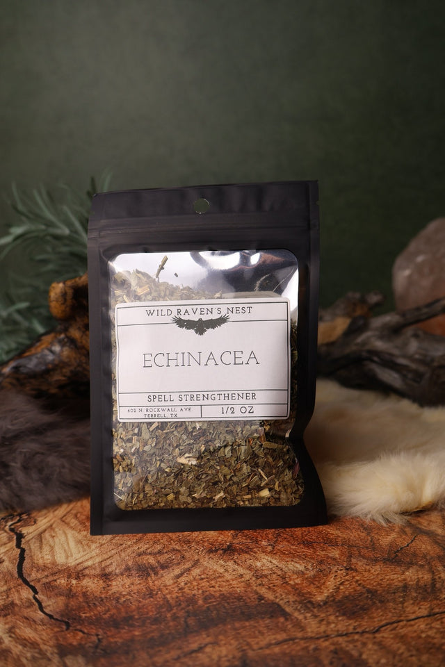 Echinacea dried herb in a 1/2 oz Wild Raven's Nest bag, Spell Strengthener