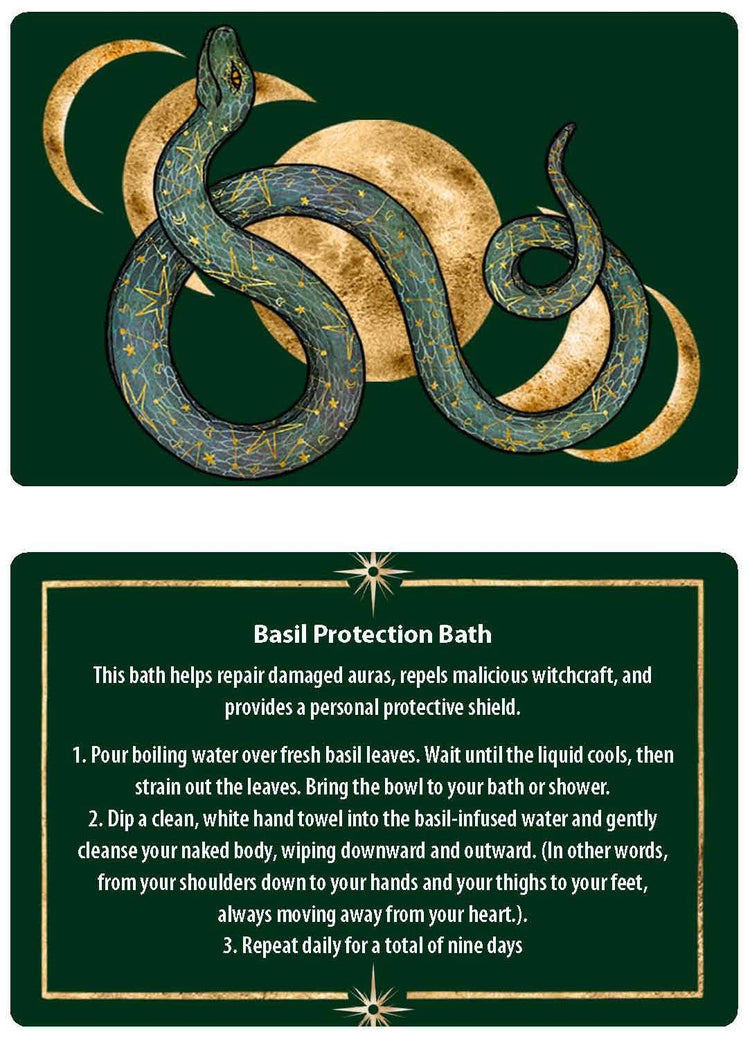 Green card with gold snake and crescent moons, text recipe for basil protection bath ritual.