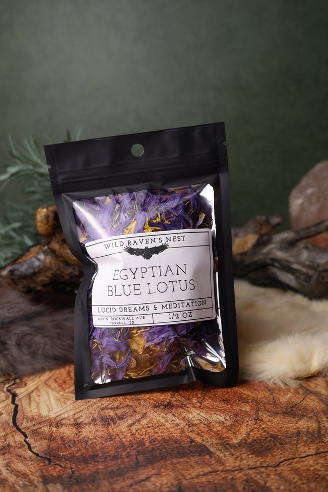 Egyptian Blue Lotus dried herb in a 1/2 oz Wild Raven's Nest bag, Lucid Dreams & Meditation