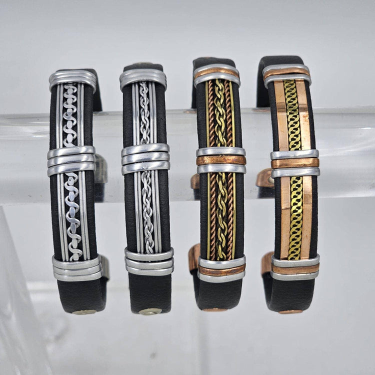 Solid Copper pvc Leather Wrapped Magnetic Bracelet Cuff: Silver Tone - B