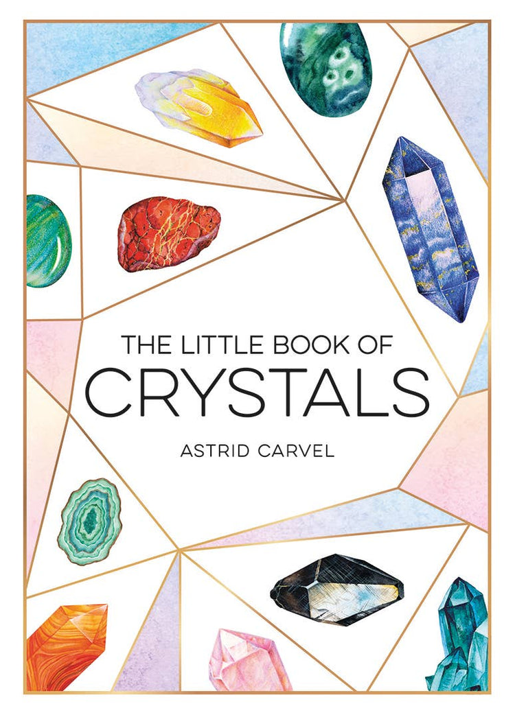 The Little Book of Crystals book cover with colorful gemstones and geometric lines.