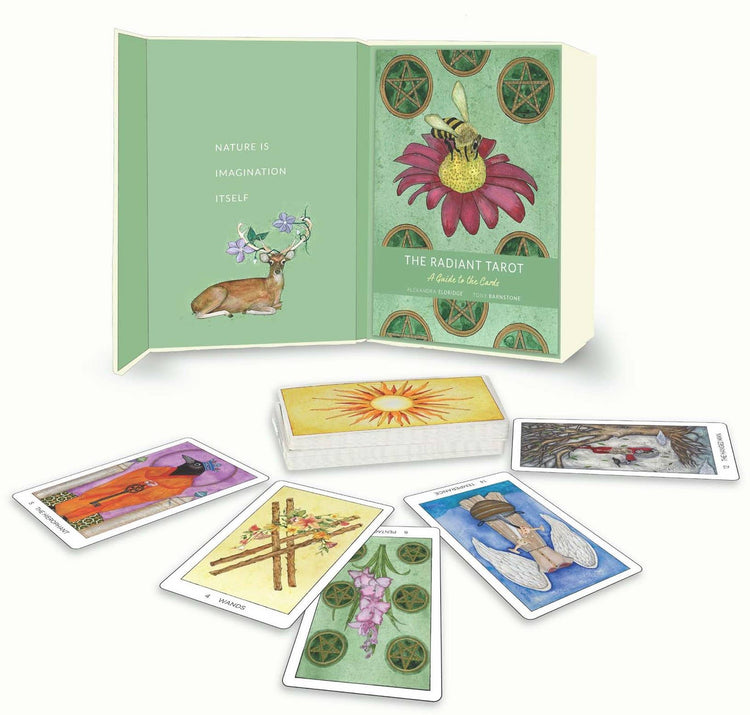 Radiant Tarot deck with illustrated cards, guidebook, and sun-themed card box on display