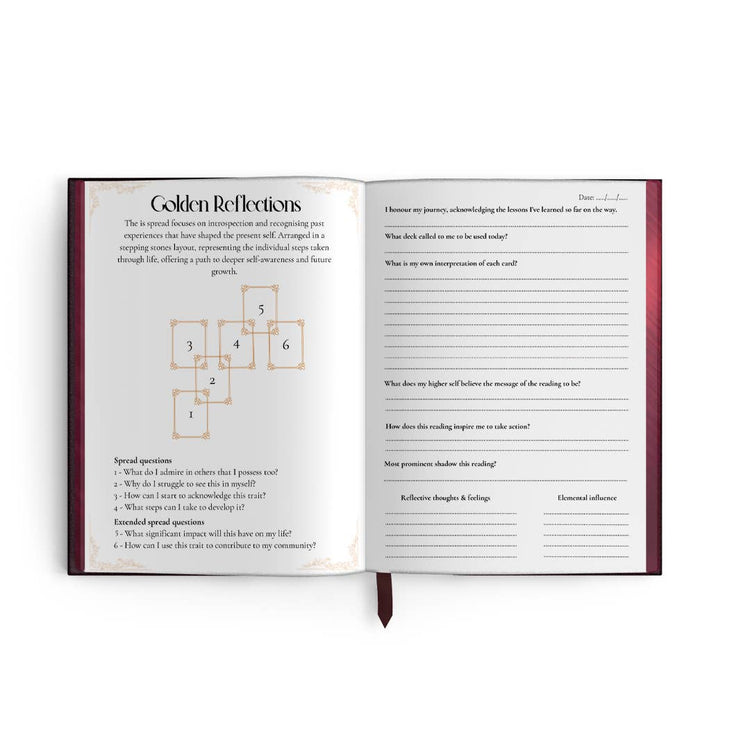 Open tarot journal with Golden Reflections tarot spread layout and guided reflection prompts.
