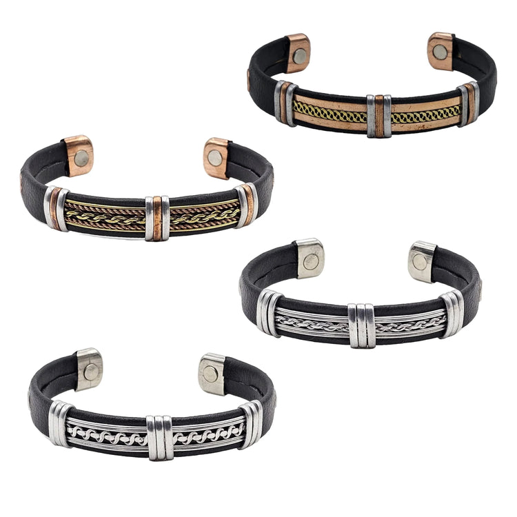 Solid Copper pvc Leather Wrapped Magnetic Bracelet Cuff: Silver Tone - B