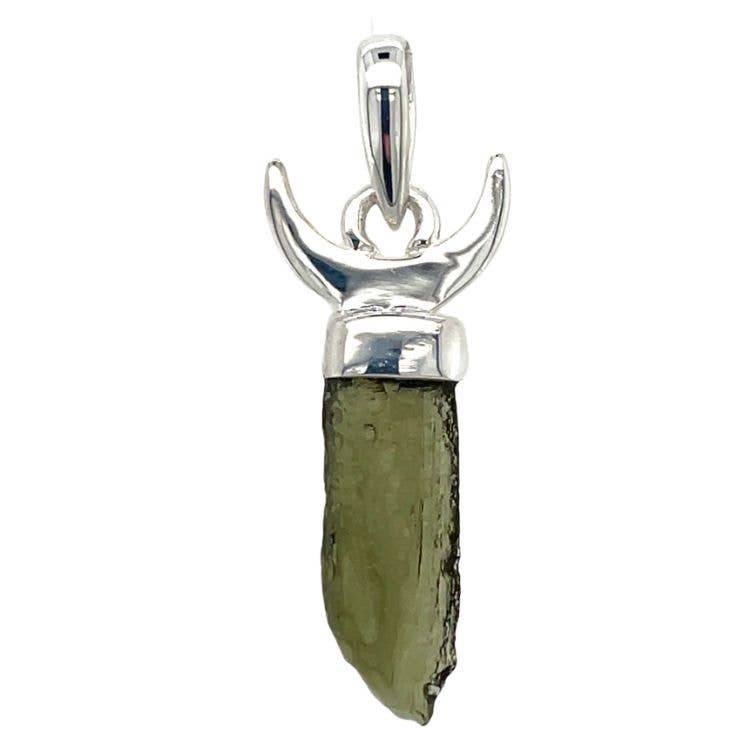 Moldavite crystal pendant with crescent moon silver setting for spiritual jewelry