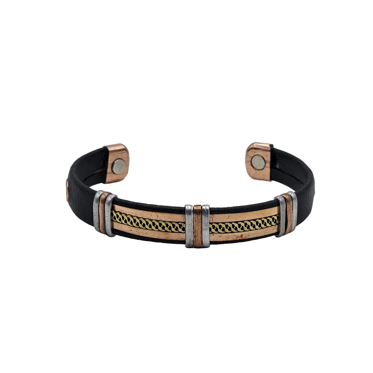 Solid Copper pvc Leather Wrapped Magnetic Bracelet Cuff: Silver Tone - B