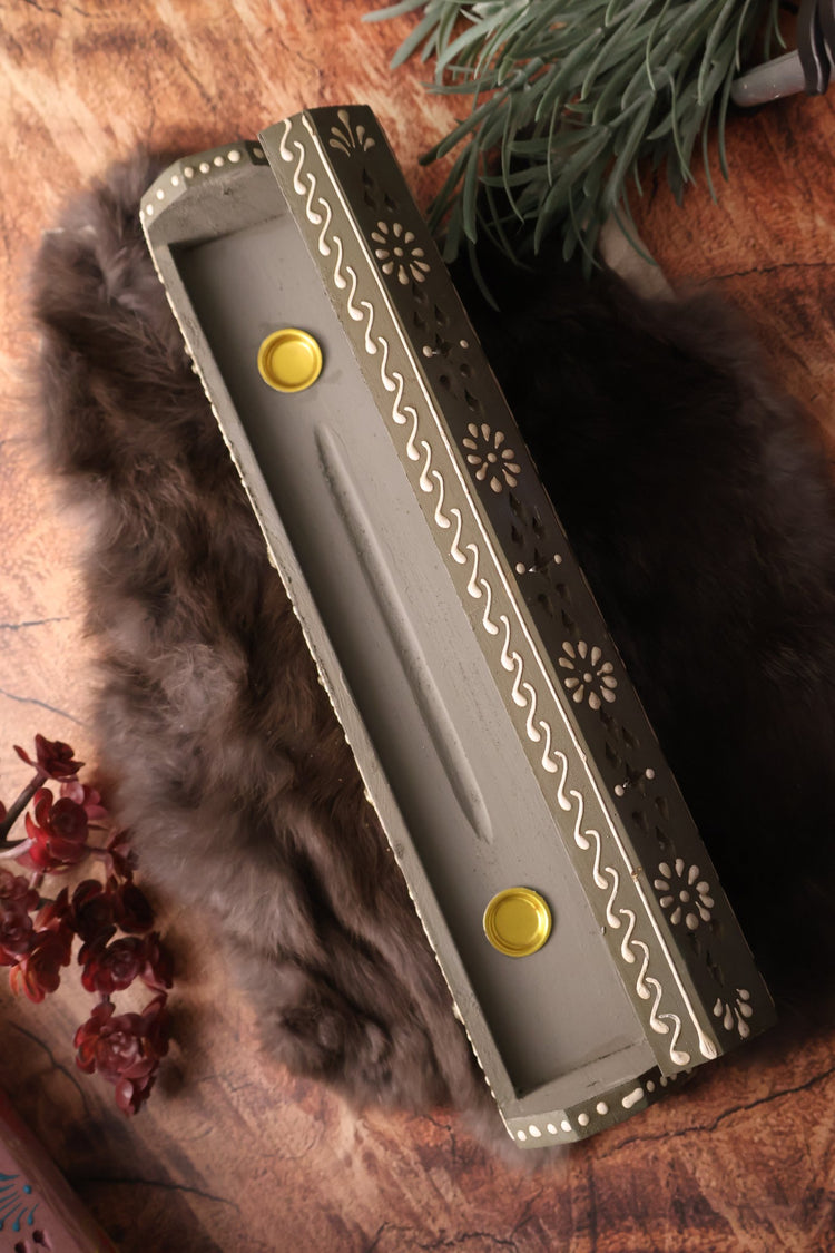 Hand Painted Wooden Incense Box | Grey, 12 in