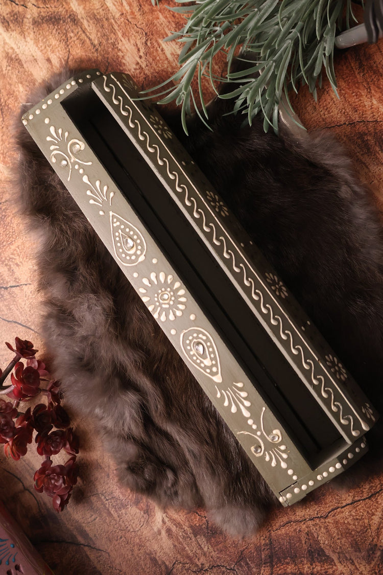 Hand Painted Wooden Incense Box | Grey, 12 in