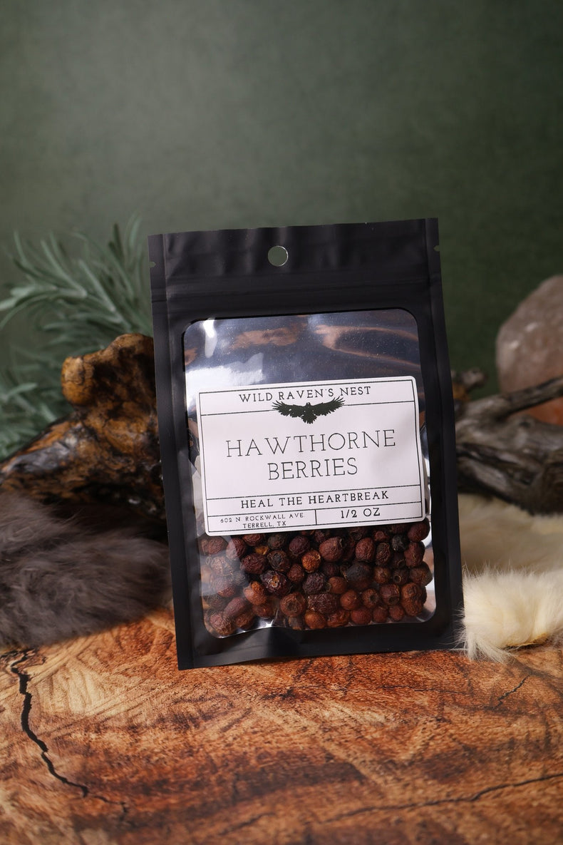 Hawthorn Berries dried herb in a 1/2 oz Wild Raven's Nest bag, Heal the Heartbreak