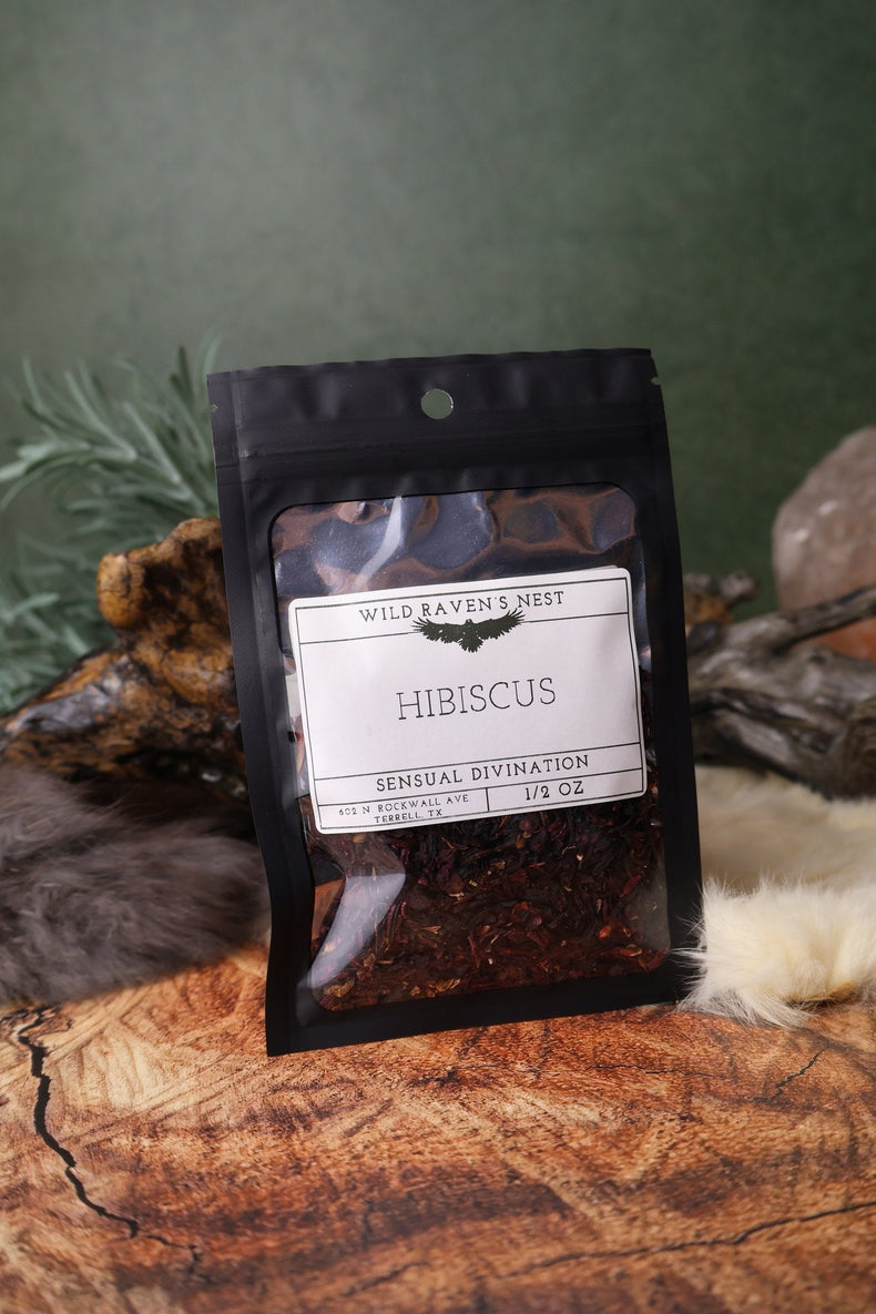 Hibiscus dried herb in a 1/2 oz Wild Raven's Nest bag, Sensual Divination