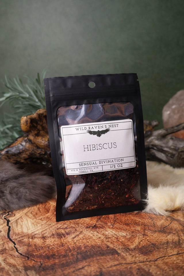 Hibiscus dried herb in a 1/2 oz Wild Raven's Nest bag, Sensual Divination