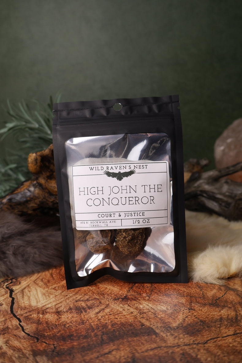 High John the Conqueror Root dried herb in a 1/2 oz Wild Raven's Nest bag, Court & Justice