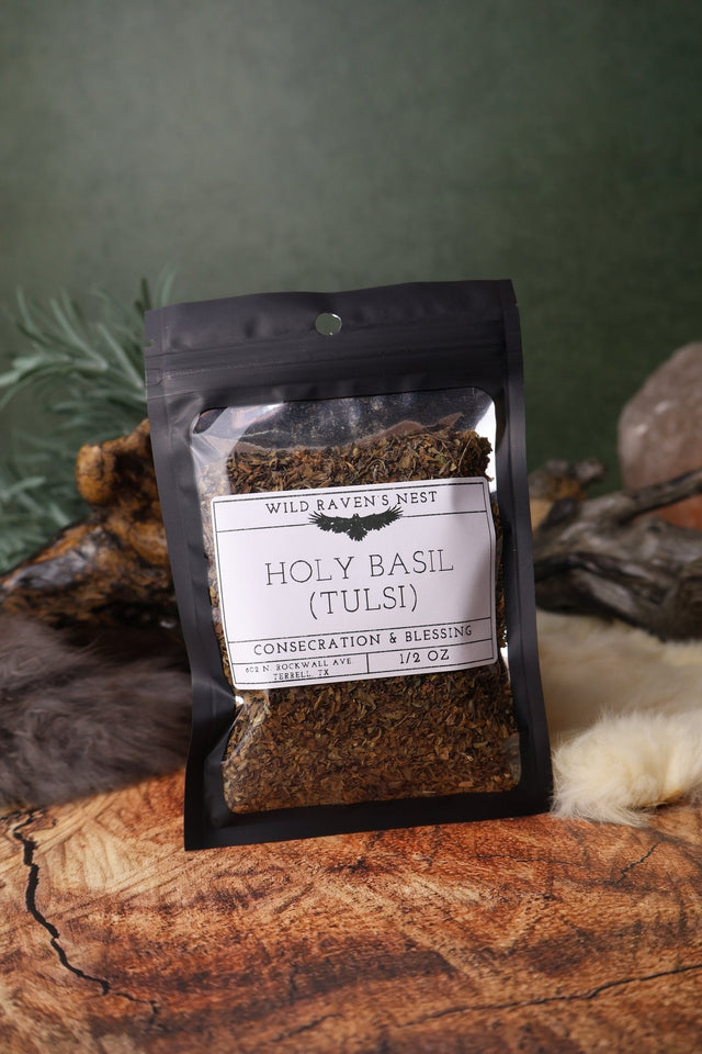 Holy Basil Tulsi dried herb in a 1/2 oz Wild Raven's Nest bag, Consecration & Blessing