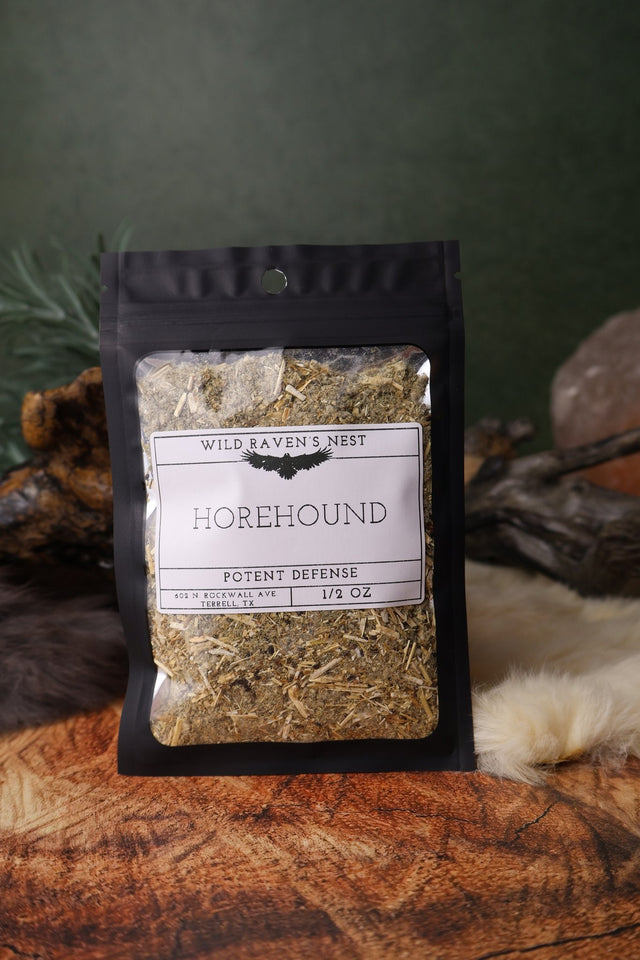 Horehound dried herb in a 1/2 oz Wild Raven's Nest bag, Potent Defense