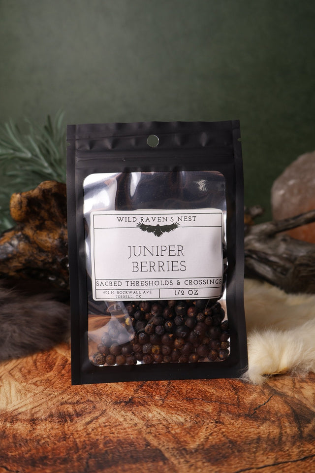 Juniper Berries dried herb in a 1/2 oz Wild Raven's Nest bag, Sacred Thresholds & Crossings