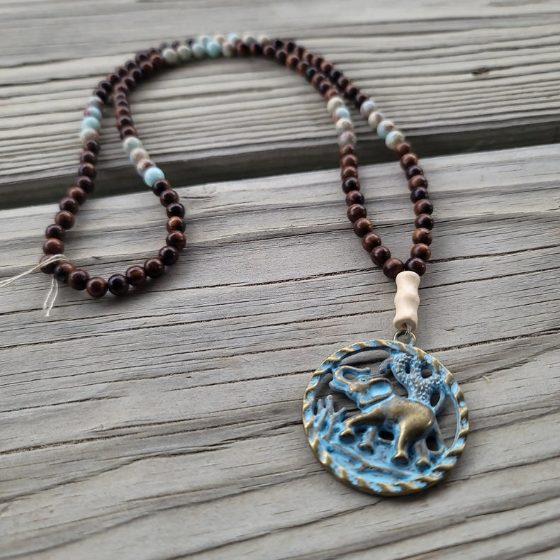 Larimar Rosewood Teal Elephant Mala - Wild Raven