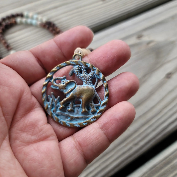 Larimar Rosewood Teal Elephant Mala - Wild Raven
