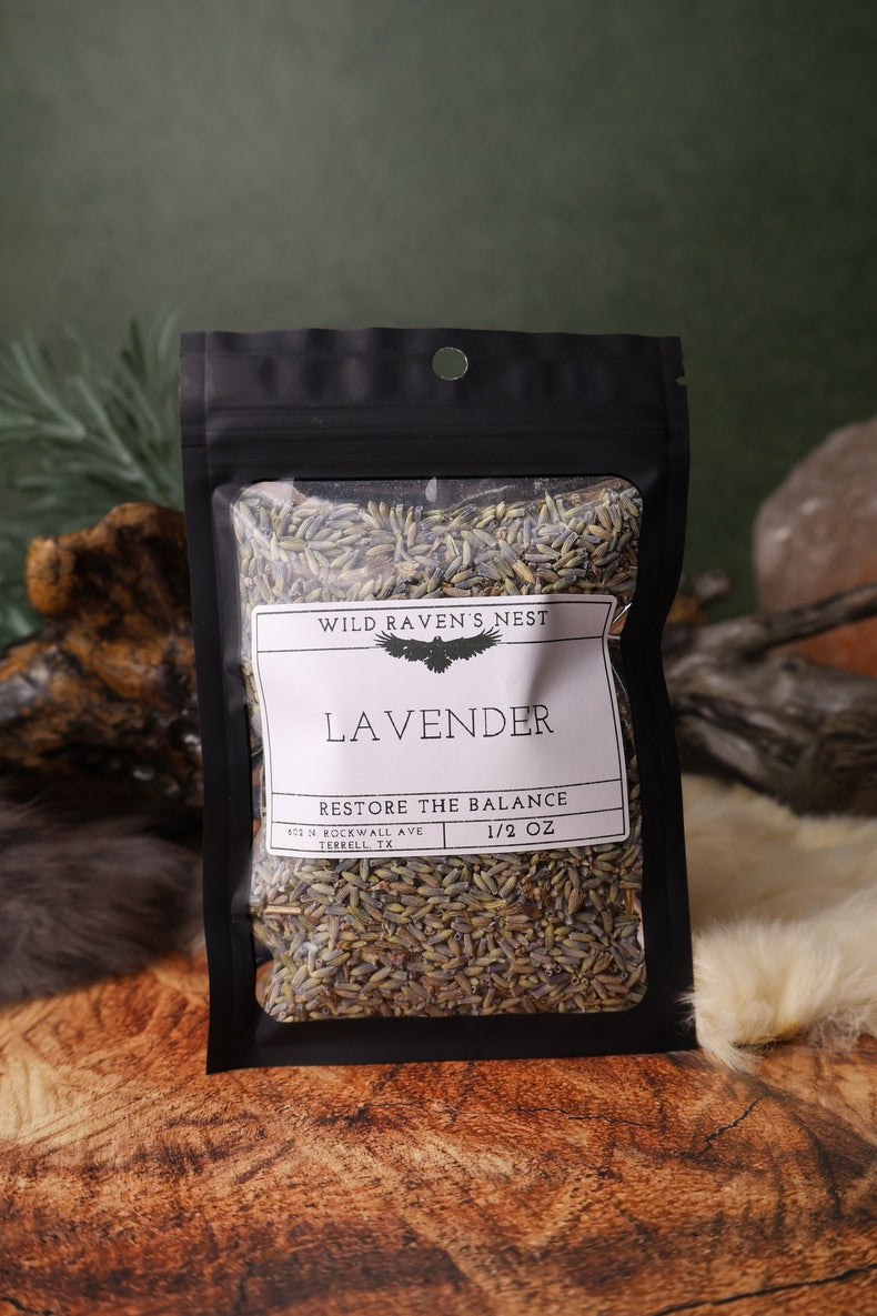 Lavender Buds dried herb in a 1/2 oz Wild Raven's Nest bag, Restore the Balance