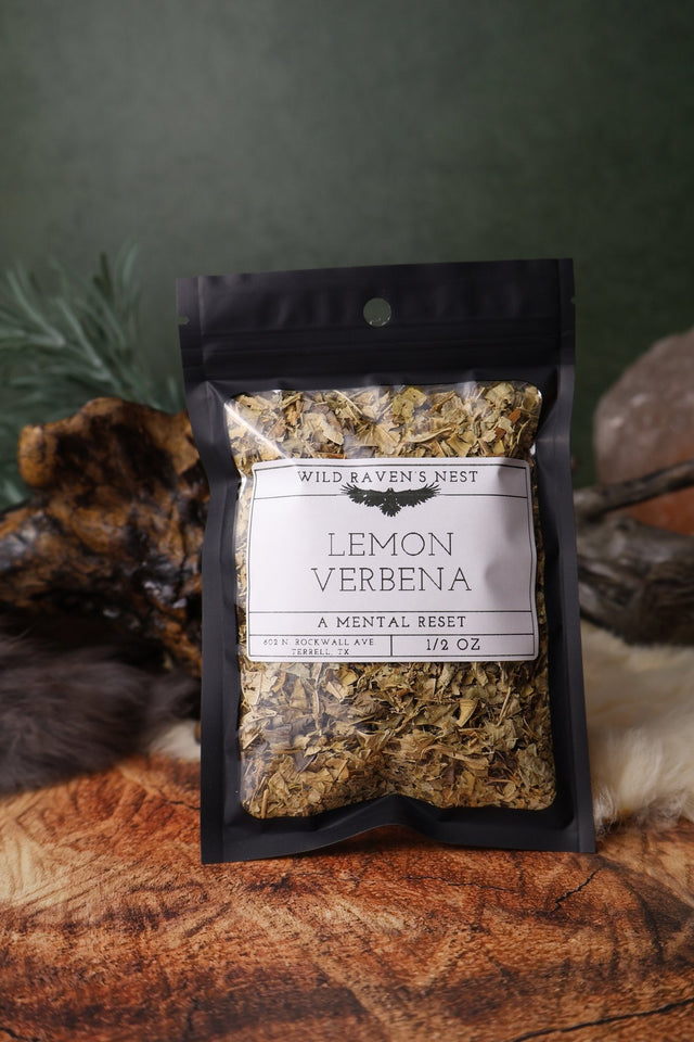 Lemon Verbena dried herb in a 1/2 oz Wild Raven's Nest bag, A Mental Reset
