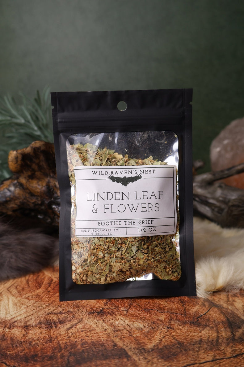 Linden Leaf and Flowers dried herb in a 1/2 oz Wild Raven's Nest bag, Soothe the Grief