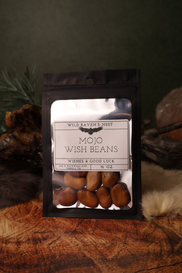 Mojo Wish Beans dried herb in a 1/2 oz Wild Raven's Nest bag, Wishes & Good Luck