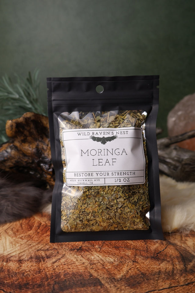 Moringa Leaf dried herb in a 1/2 oz Wild Raven's Nest bag, Restore Your Strength