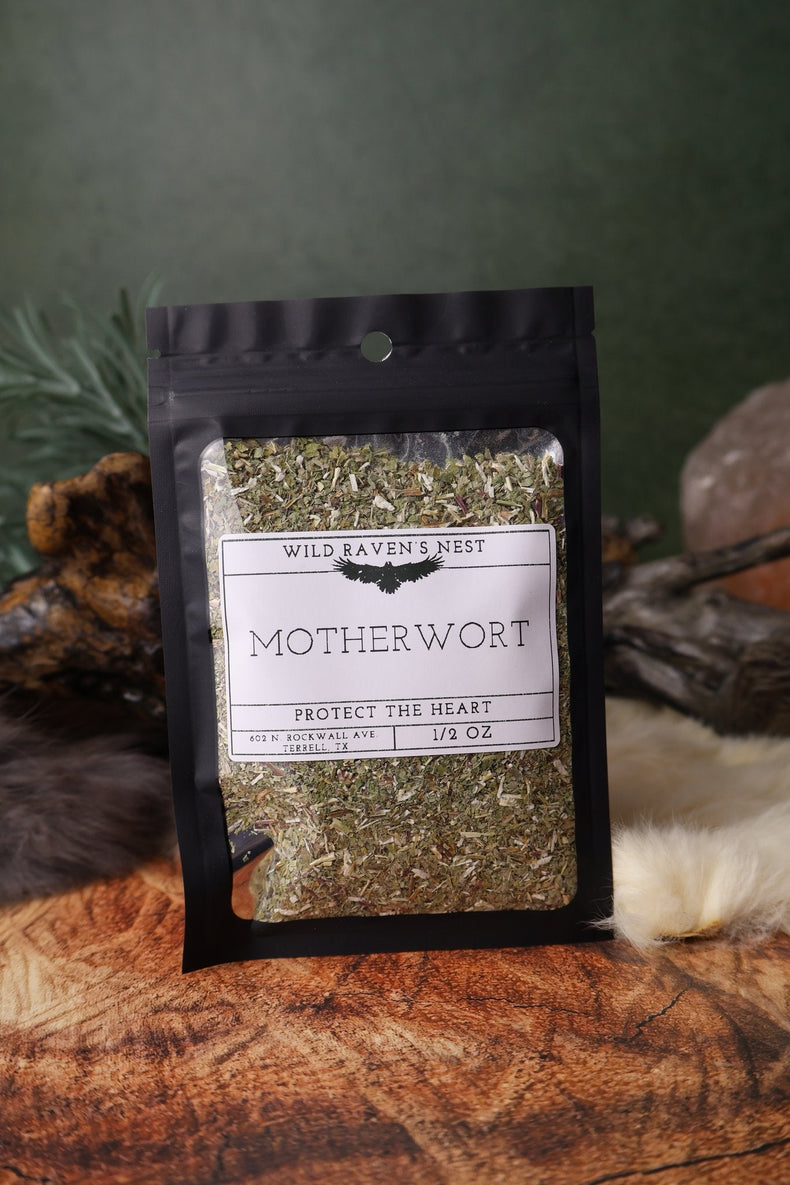 Motherwort dried herb in a 1/2 oz Wild Raven's Nest bag, Protect the Heart