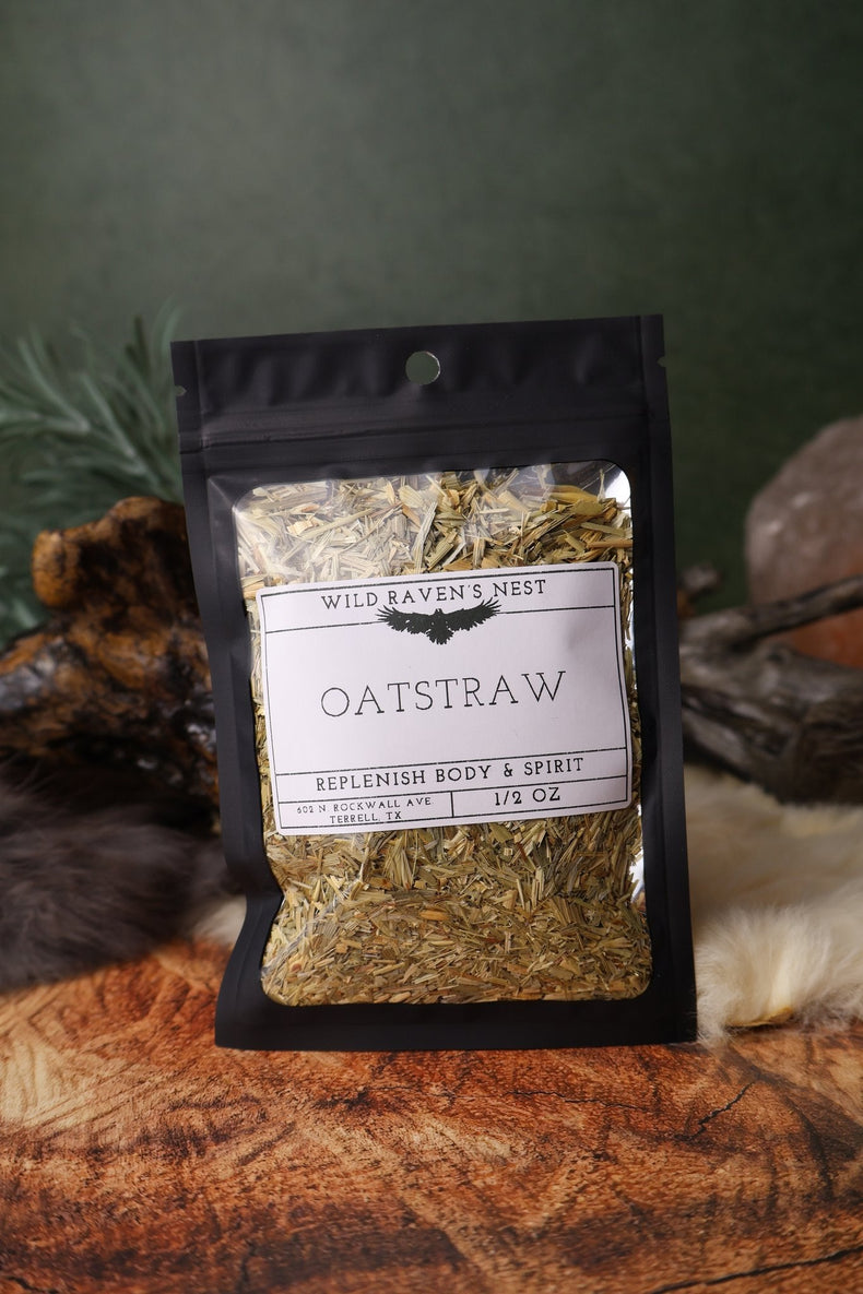 Oatstraw dried herb in a 1/2 oz Wild Raven's Nest bag, Replenish Body & Spirit