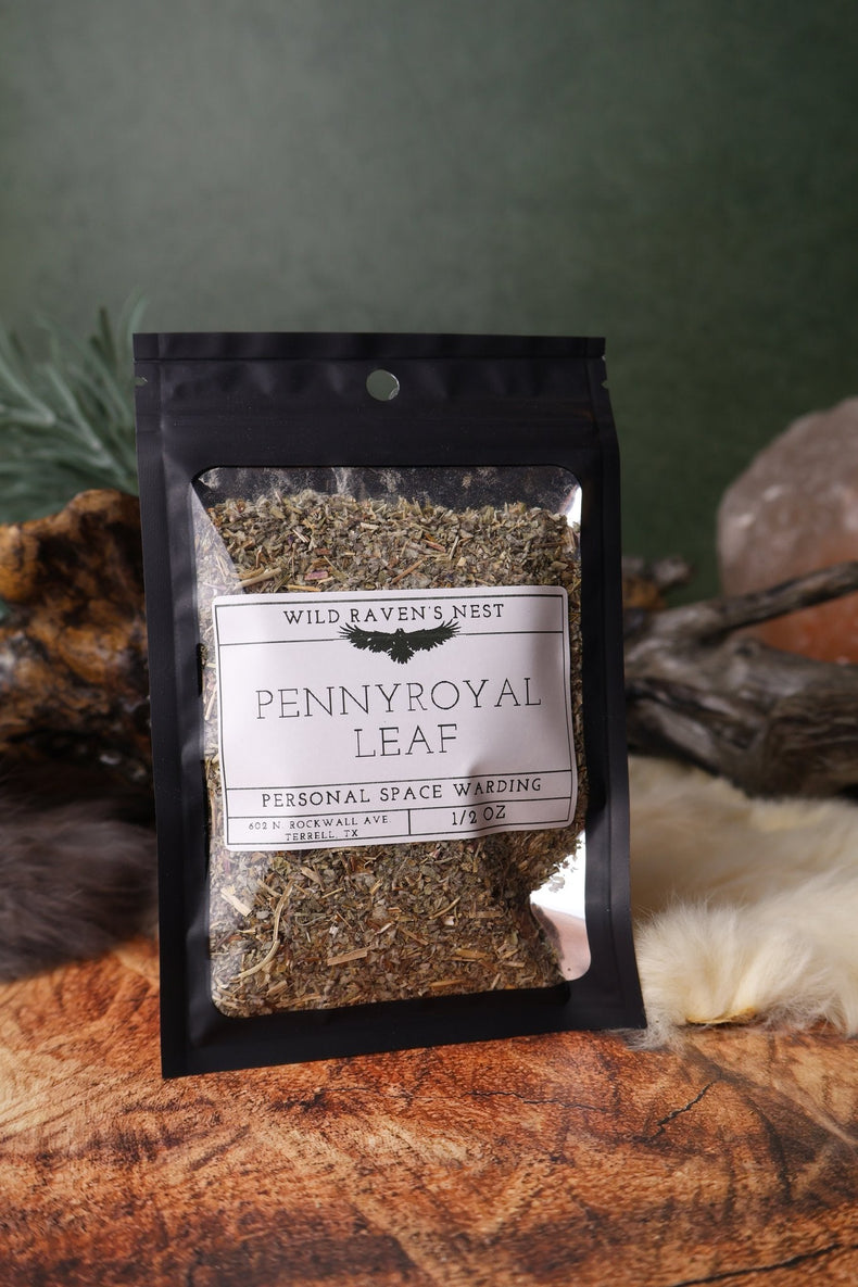 Pennyroyal Leaf dried herb in a 1/2 oz Wild Raven's Nest bag, Personal Space Warding