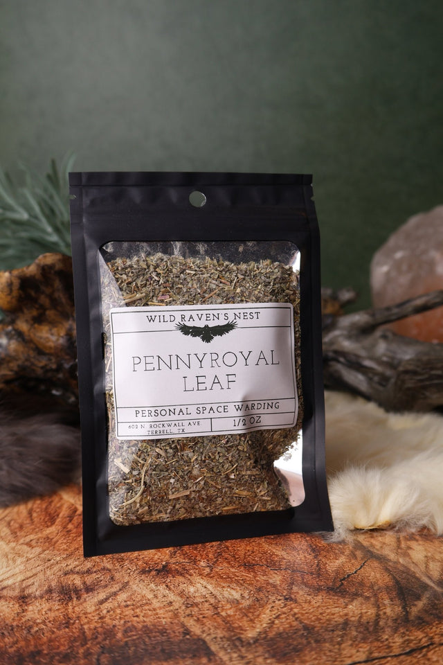 Pennyroyal Leaf dried herb in a 1/2 oz Wild Raven's Nest bag, Personal Space Warding