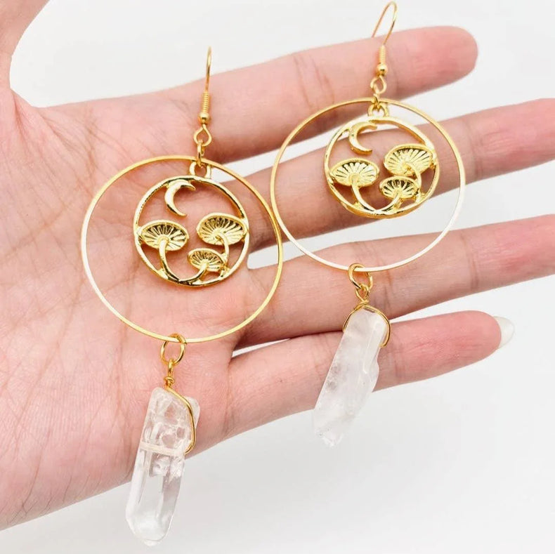 Quartz crystal and mushroom Earrings - Wild Raven