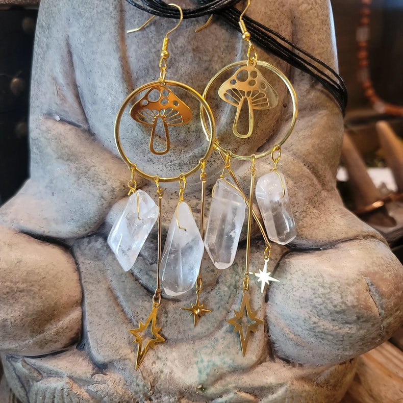 Quartz crystal and mushroom Earrings - Wild Raven