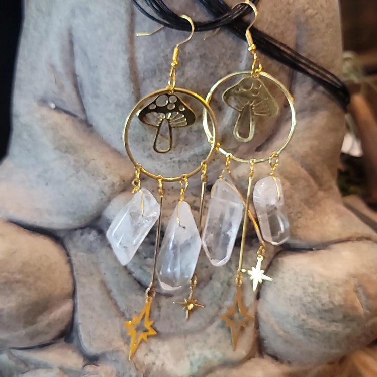 Quartz crystal and mushroom Earrings - Wild Raven