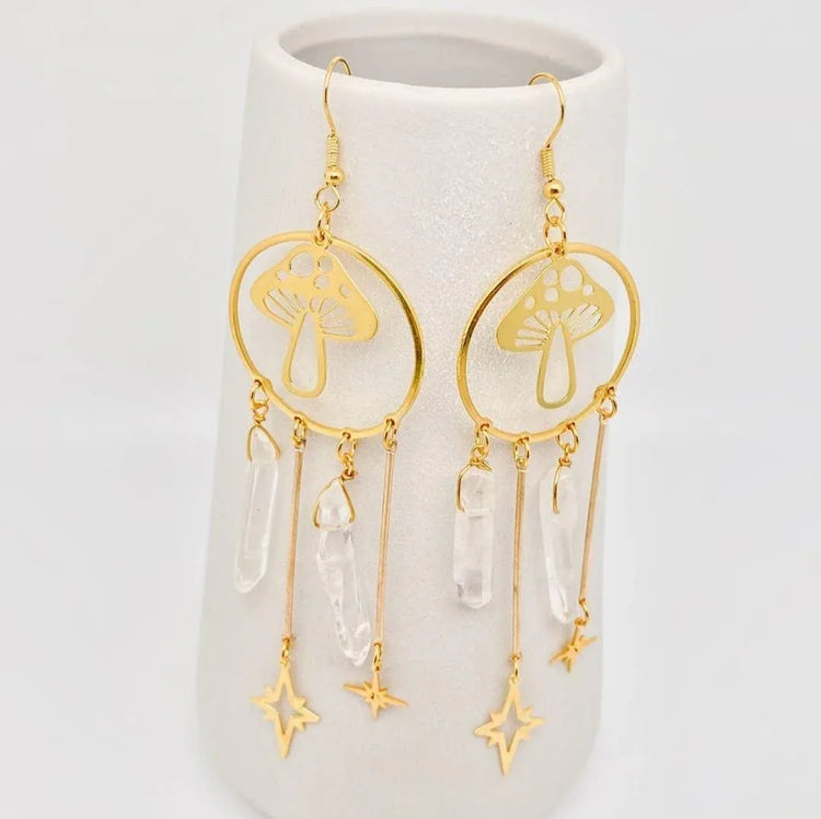 Quartz crystal and mushroom Earrings - Wild Raven
