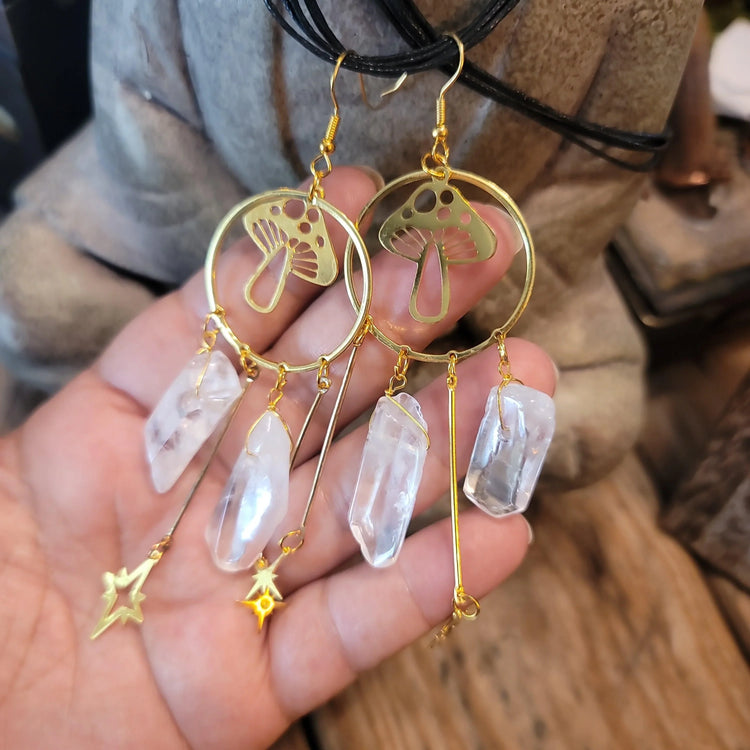 Quartz crystal and mushroom Earrings - Wild Raven