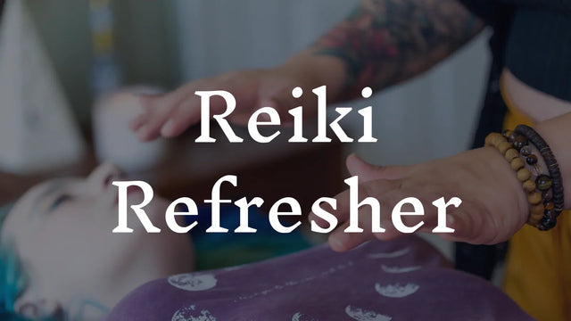Reiki practitioner giving energy healing session to person, Reiki Refresher course text overlay