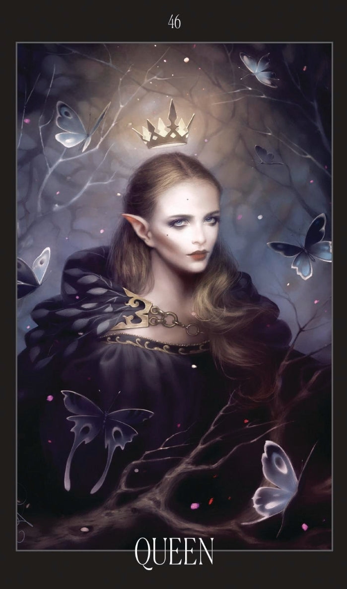 Fantasy queen tarot card with elf ears, crown, butterflies, and mystical forest background