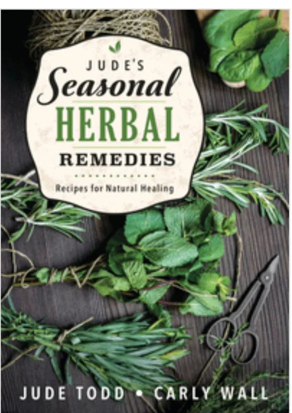 Jude's Seasonal Herbal Remedies book cover with herbs, twine, and scissors on wood table.