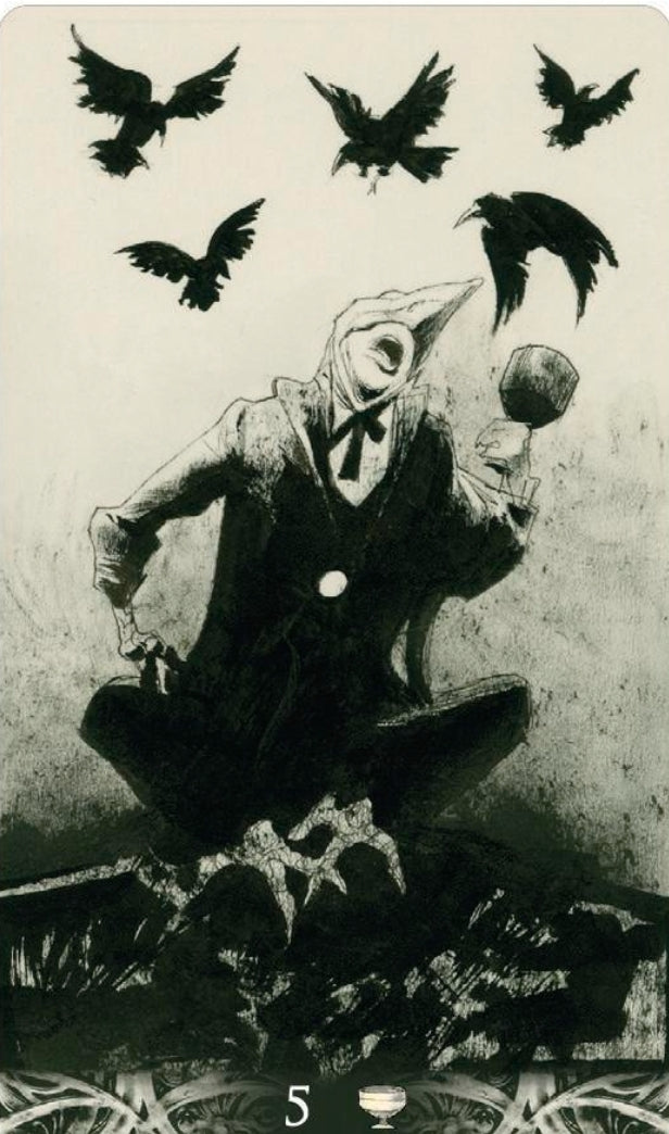 Five of Cups tarot card with plague doctor mask, crows, and goblet in gothic style.