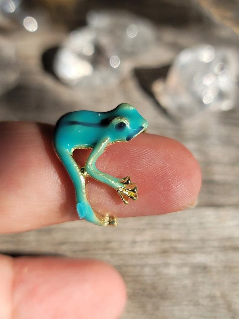 Small turquoise frog figurine with gold accents on a finger, crystals blurred in background