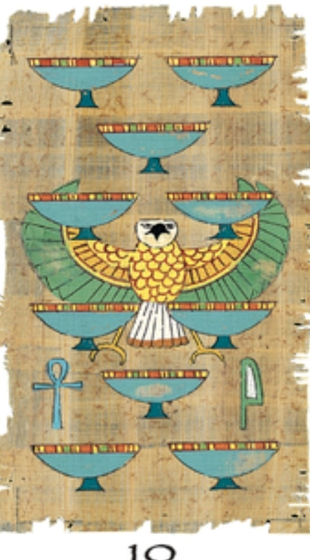 Egyptian-style tarot card with nine blue cups, a falcon with outstretched wings, an ankh, and Egyptian papyrus background
