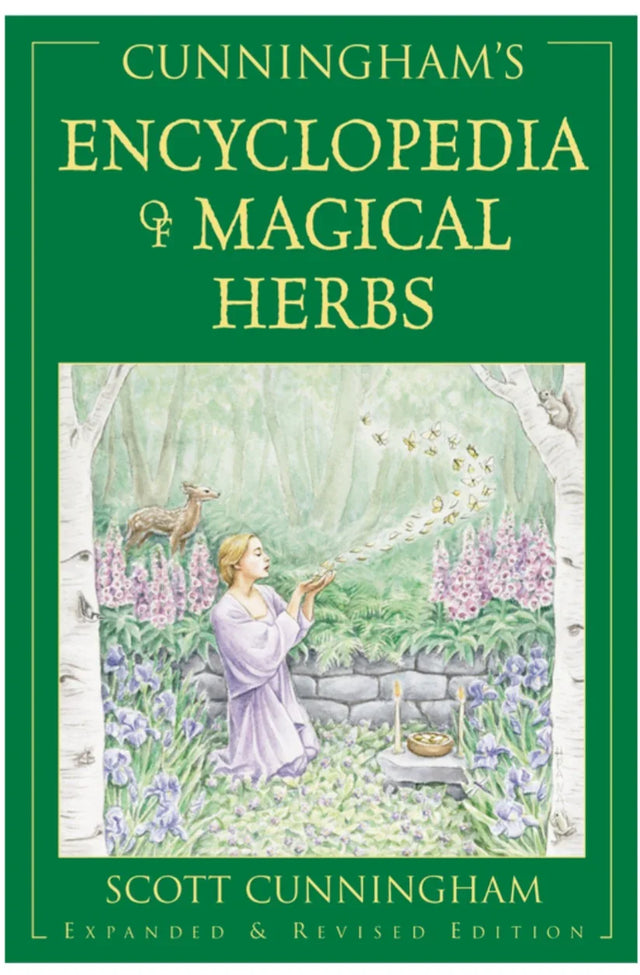 Cunningham's Encyclopedia of Magical Herbs book cover with woman, herbs, and forest illustration